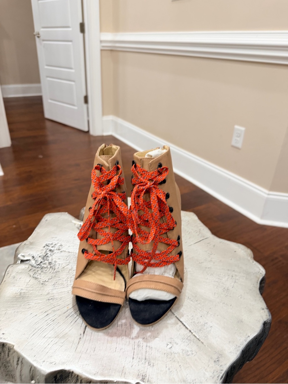 Women's Tan Lace-Up Open-Toe Heeled Sandals with Orange Laces